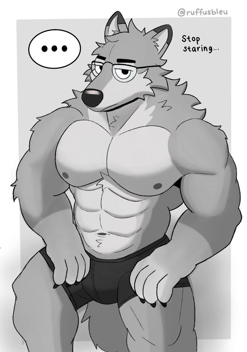 abs annoyed anthro barazoku biceps bulge clothed clothing dialogue ellipsis eyebrows eyewear glasses male muscular muscular_anthro muscular_male navel nipples partially_clothed pecs solo talking_to_viewer text underwear ruffusbleu ruffus_(ruffusbleu) canid canine canis mammal wolf 2022 digital_media_(artwork) english_text hi_res