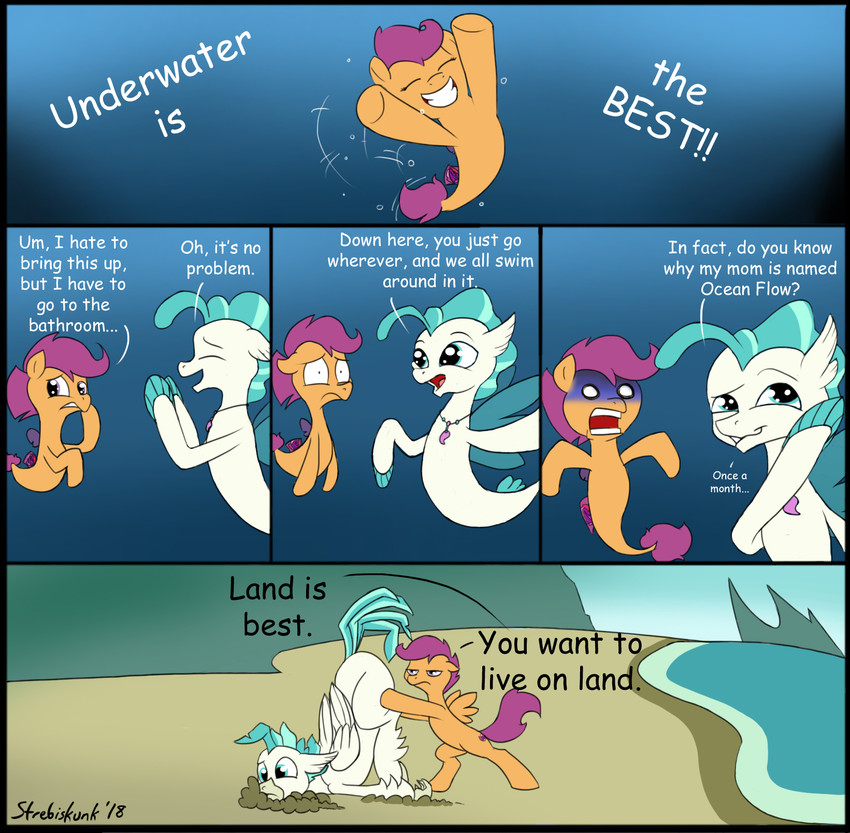 beach detailed_background female male outside sand sea seaside text underwater water strebiskunk european_mythology friendship_is_magic greek_mythology hasbro my_little_pony mythology scootaloo_(mlp) terramar_(mlp) avian fish hippogriff marine mythological_avian mythological_creature seapony_(mlp) 2018 comic english_text hi_res