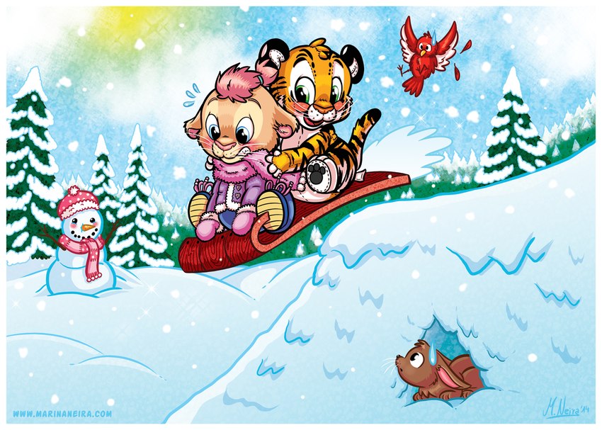 anthro clean_diaper clothed clothing diaper duo jacket plant scarf sled snow snowman text topwear tree wearing_diaper winter young marinaneira avian bird felid lagomorph leporid lion mammal pantherine rabbit tiger url