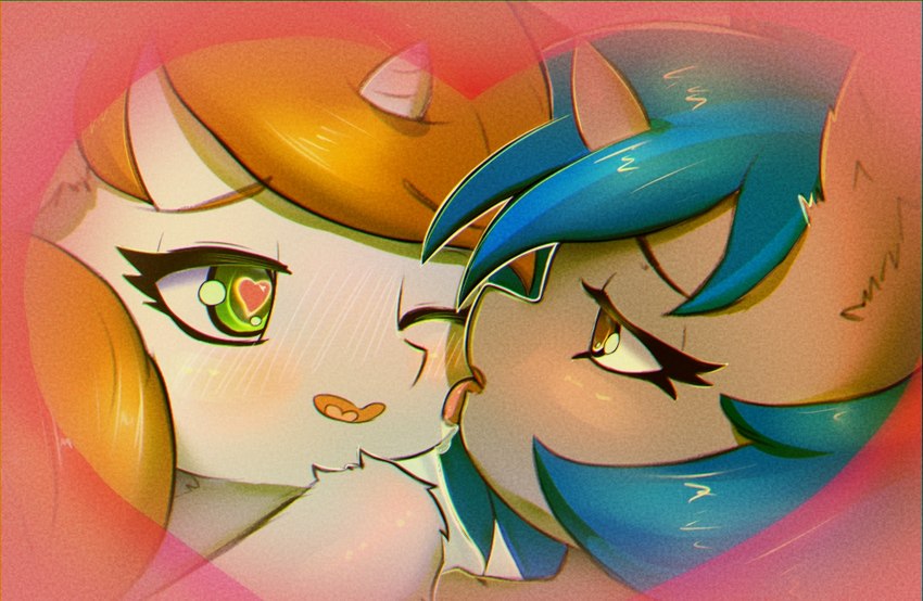 anthro blue_hair blush brown_eyes brown_hair clothing duo female female/female green_eyes hair horn licking nude pip-boy pipbuck tongue tongue_out unicorn_horn mistleinn fallout fallout_equestria hasbro microsoft my_little_pony mythology fan_character homage_(fallout_equestria) littlepip equid equine mammal mythological_creature mythological_equine unicorn