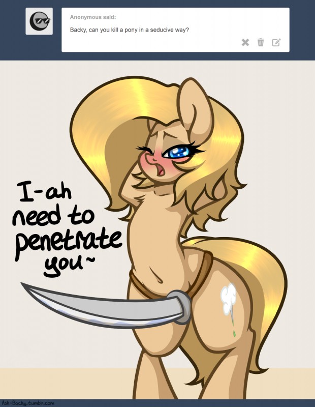 blush female feral looking_at_viewer melee_weapon solo sword text weapon slavedemorto hasbro my_little_pony backy_(mlp) fan_character earth_pony equid equine horse mammal pony 2015 english_text hi_res