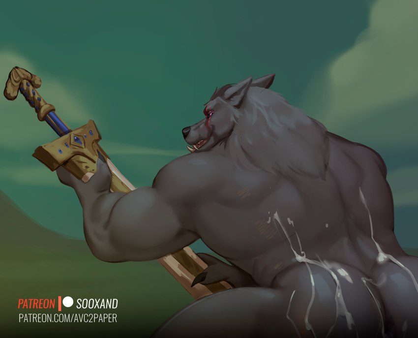 anthro back_muscles bodily_fluids butt cum cum_on_back cum_on_body cum_on_butt fangs genital_fluids looking_at_viewer male melee_weapon muscular muscular_anthro muscular_male scar sky solo sword teeth text weapon sooxand elden_ring fromsoftware blaidd_(elden_ring) canid canine canis mammal wolf absurd_res hi_res url