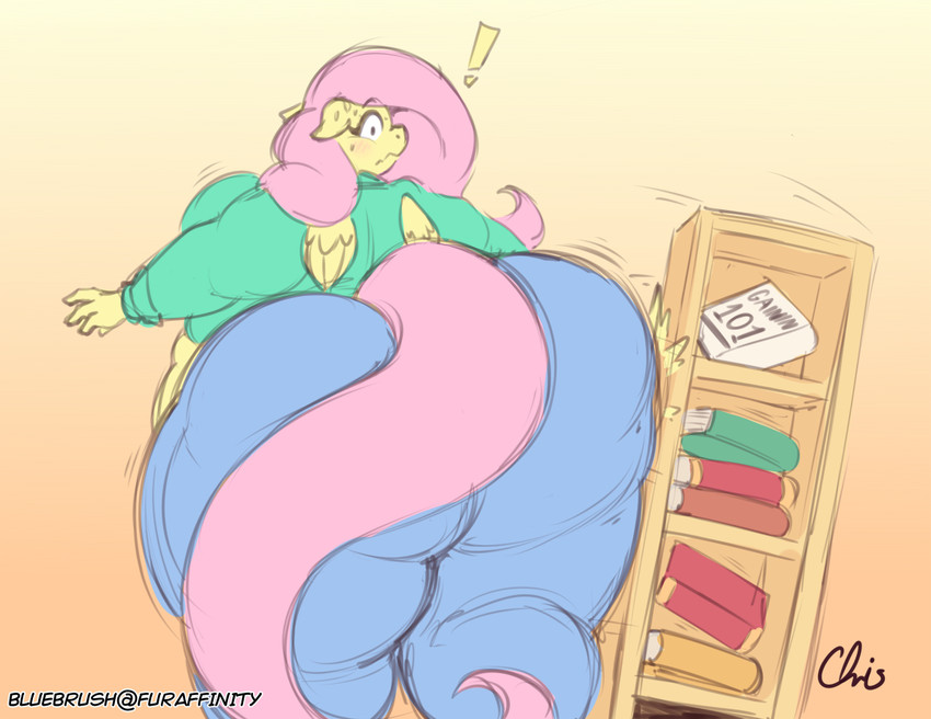 anthro anthrofied belly big_belly big_butt book bookshelf breasts bump butt exclamation_point female furniture hair huge_butt huge_thighs obese obese_anthro obese_female overweight overweight_anthro overweight_female pink_hair solo text thick_thighs weight_gain wide_hips wings nekocrispy friendship_is_magic hasbro my_little_pony mythology fluttershy_(mlp) equid equine mammal mythological_creature mythological_equine pegasus 2019 english_text