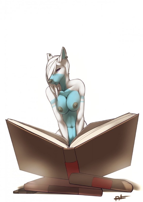 anthro areola book breasts ear_piercing female hair half-closed_eyes long_hair narrowed_eyes navel nipple_piercing nipples piercing simple_background solo white_background white_hair lost-paw paige_forsyth canid canine mammal 2014 hi_res