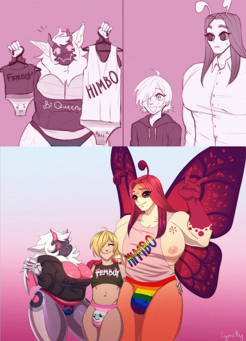 abs antennae_(anatomy) anthro back_wings bisexual_pride_colors blonde_hair breasts bulge cleavage clothed clothing crop_top curved_horn female femboy gradient_background group hair hoodie horn insect_wings lepidopteran_wings lgbt_pride long_hair machine male membrane_(anatomy) membranous_wings muscle_tone muscular muscular_anthro muscular_male one_eye_closed panties pecs pink_membrane pride_color_clothing pride_colors protogen_visor rainbow_pride_colors red_body red_hair red_sclera red_skin shirt simple_background smile tan_body tan_skin tank_top topwear transgender_pride_colors trio underwear white_hair wide_eyed wings wink millymay mythology elliot_(eddyoshi) pipa_(eddyoshi) soardon_(eddyoshi) arthropod butterfly dragon human insect lepidopteran mammal mythological_creature mythological_scalie protogen scalie hi_res herm_(lore)