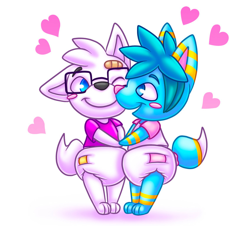 anthro black_nose blue_body blue_eyes blue_fur chibi clean_diaper clothed clothing diaper duo eyewear fur furgonomics glasses hand_holding heart_symbol hug pink_nose shirt simple_background smile standing topwear wearing_diaper white_background white_body white_diaper white_fur young rexam-1 canid canine fox mammal