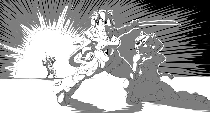 anthro armor battle_damage breasts clothing duo explosion feet female fur hair melee_weapon nude simple_background sword tongue tongue_out torn_clothing weapon strobe-totem_(artist) samurai_pizza_cats francine_manx polly_esther domestic_cat felid feline felis mammal monster black_and_white digital_media_(artwork) hi_res monochrome