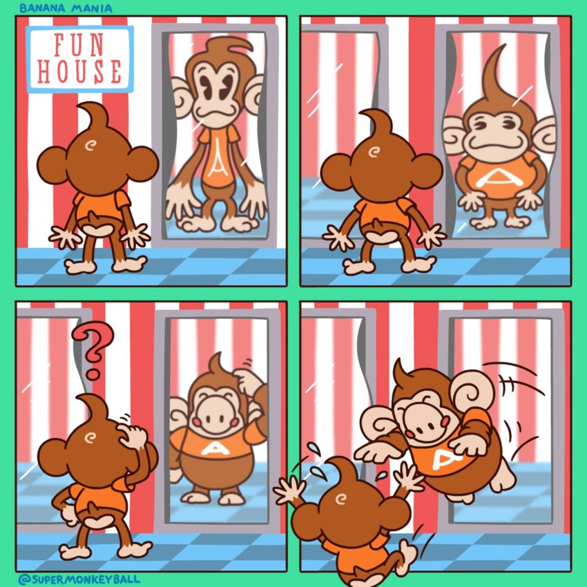 :3 ambiguous_gender anthro attack barefoot base_two_layout big_ears black_eyes bodily_fluids bottomless brown_body brown_ears brown_fur brown_hair brown_tail butt checkered checkered_floor clothed clothing cosplay costume duo falling feet four_frame_grid four_frame_image fun_house fur grid_layout hair happy humor jumping looking_at_mirror looking_at_object looking_down looking_up male mirror motion_lines multicolored_body on_ground presenting presenting_hindquarters print_clothing print_shirt print_t-shirt print_topwear question_mark raised_arm regular_grid_layout rosy_cheeks round_ears scared scratching scratching_head shirt shirt_only short_hair short_tail sign simple_eyes sitting sitting_on_ground smile standing stripes sweat t-shirt t-shirt_only tail tan_body tan_butt tan_ears tan_skin text text_on_clothing text_on_shirt text_on_t-shirt text_on_topwear text_print topwear topwear_only two_row_layout keith2002 fall_guys sega super_monkey_ball aiai fall_guy haplorhine humanoid mammal monkey primate 1:1 2021 comic crossover english_text hi_res