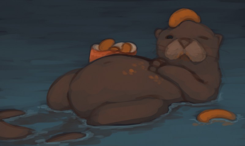 fast_food feral floating food looking_at_viewer lying male on_back pond river slightly_chubby solo water whiskers marsminer cheetos mammal mustelid otter digital_media_(artwork) digital_painting_(artwork)