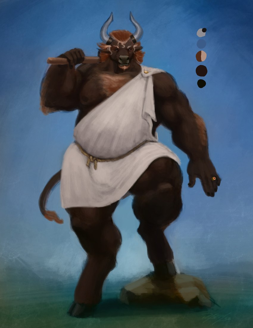 anthro clothing horn male muscular muscular_male ring solo toga rayoutofspace european_mythology greek_mythology mythology telemachus_avarta bovid bovine mammal minotaur absurd_res hi_res