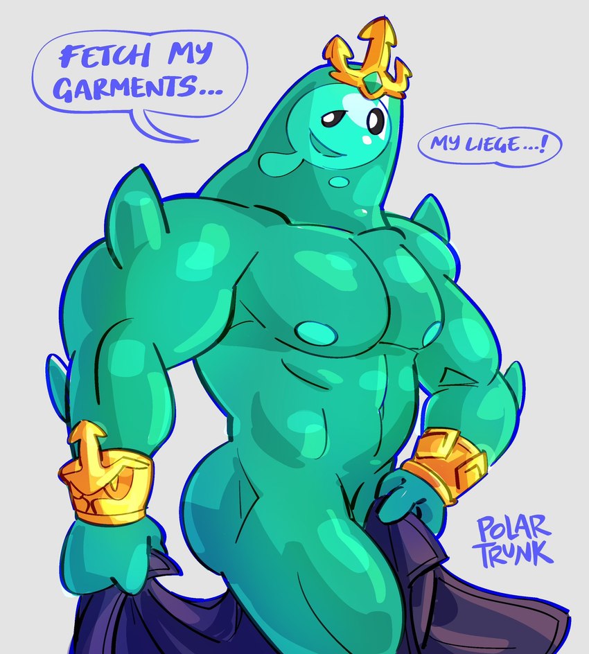 anthro clothed clothing covering covering_self crown cuff_(restraint) glistening glistening_body headgear male muscular muscular_anthro muscular_male navel nipples not_furry open_mouth restraints smile solo standing topless towel wrist_cuffs polartrunk epic_games fortnite poseidon_(fortnite) goo_creature goo_humanoid humanoid hi_res