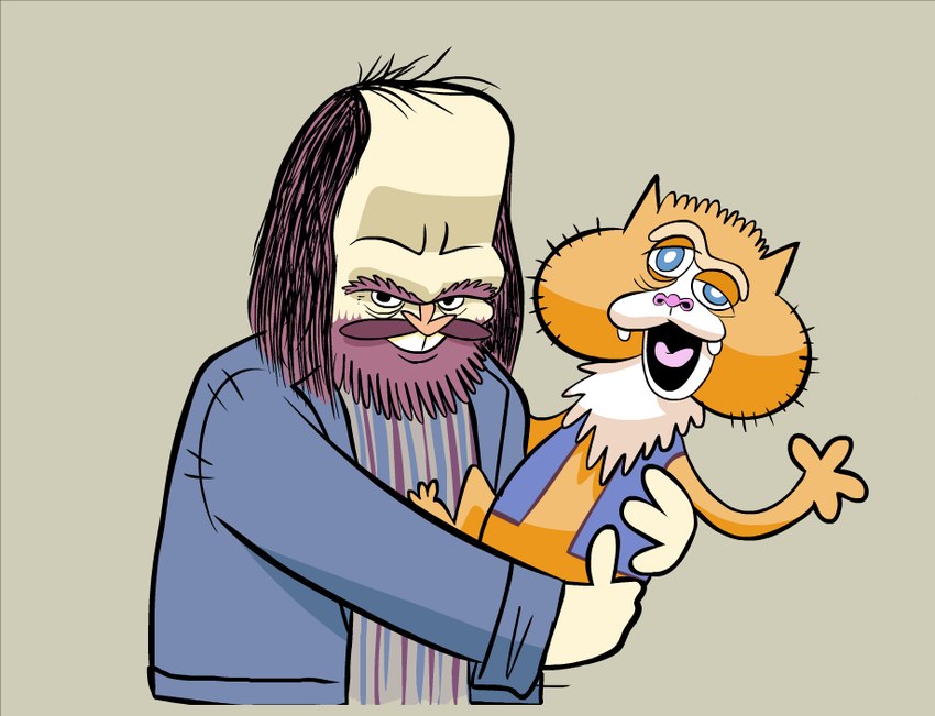 4_fingers beard blue_eyes brown_hair clothed clothing duo facial_hair fingers hair looking_at_viewer male open_mouth orange_body hotdiggedydemon adult_swim cartoon_network too_many_cooks bill_(too_many_cooks) smarf domestic_cat felid feline felis human mammal 2014