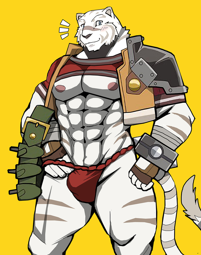 abs anthro asian_clothing biped blush clothed clothing east_asian_clothing fundoshi fur japanese_clothing looking_at_viewer male muscular muscular_anthro muscular_male nipples pecs simple_background smile solo stripes underwear white_body white_fur bearlovestiger13 grimoire_of_zero mercenary_(grimoire_of_zero) felid mammal pantherine tiger 2017 digital_media_(artwork) hi_res