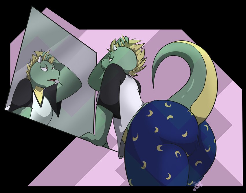 anthro big_butt butt clothing female hand_on_head mirror pajama_pants shirt solo tail topwear potoobrigham mythology sasha_(digitalpelican) dragon lizard mythological_creature mythological_scalie reptile scalie 2016 alpha_channel hi_res