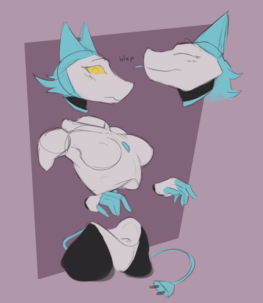 anthro bellyless biped blep blue_body blue_fur blush breasts electrical_plug female floating_hands floating_head floating_limbs fur looking_at_viewer machine medium_breasts nipples simple_background solo tongue tongue_out yellow_eyes andr0ch deltarune undertale_(series) tasque_manager mammal robot robot_anthro hi_res sketch