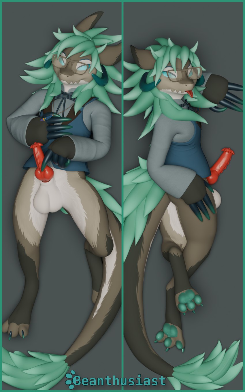 accessory animal_genitalia animal_penis anthro balls bedroom_eyes big_balls biped blue_horn bottomless bottomless_anthro bottomless_male bow_(feature) bow_accessory bow_ribbon butt claws clothed clothing curling_tail curling_toes dakimakura digitigrade erection eyewear feather_necklace feet finger_on_penis flared_penis fur genitals glasses hair half-closed_eyes hand_on_belly hand_on_butt hand_on_chest hindpaw horn jagged_mouth jewelry knot knotted_penis long_sleeve_shirt looking_at_viewer lying male narrowed_eyes necklace nubbed_penis on_back on_side partially_clothed pawpads paws penis presenting presenting_penis seductive sheath shirt shirt_only simple_background smile spread_legs spread_toes spreading tail teal_hair teal_pawpads toe_claws toes topwear topwear_only touching_penis vein veiny_penis vest wearing_glasses beanthusiast asher_sterling wickerbeast 3d_(artwork) 5:8 blender_(artwork) dakimakura_design digital_media_(artwork) hi_res maleherm_(lore)