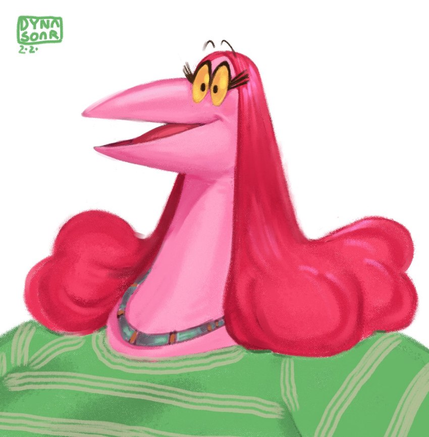 anthro beak cartoon_eyes clothed clothing eyebrows eyelashes female green_clothing green_topwear hair jewelry long_hair necklace obese obese_anthro obese_female open_mouth open_smile overweight overweight_anthro overweight_female parted_hair pink_body pink_hair simple_background smile solo toony topwear yellow_eyes dyna_soar petunia_(dyna_soar) avian bird bust_portrait digital_media_(artwork) digital_painting_(artwork) hi_res portrait shaded signature soft_shading