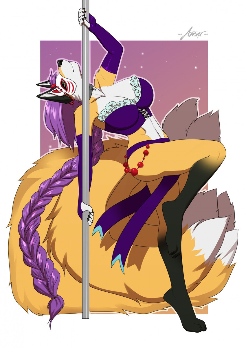 4_toes 5_fingers anthro black_nose breasts clothed clothing feet female fingers fur hair multi_tail orange_body orange_fur purple_hair solo standing tail toes white_body white_fur amur canid canine fox mammal 2020 digital_media_(artwork) hi_res