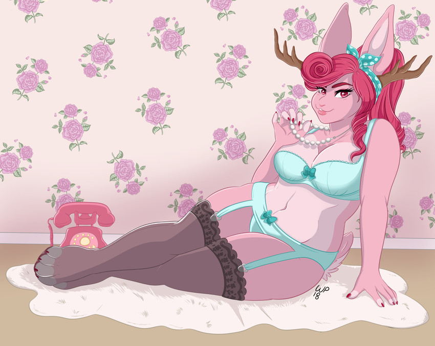 accessory anthro antlers big_breasts bow_bra bow_panties bow_underwear bra breasts cleavage clothed clothing electronics female garter_belt garter_straps gem hair_accessory hairband horn jewelry legwear necklace panties pearl_(gem) pearl_necklace phone pink_body rotary_telephone solo thigh_highs underwear catsmeow jackalope lagomorph mammal