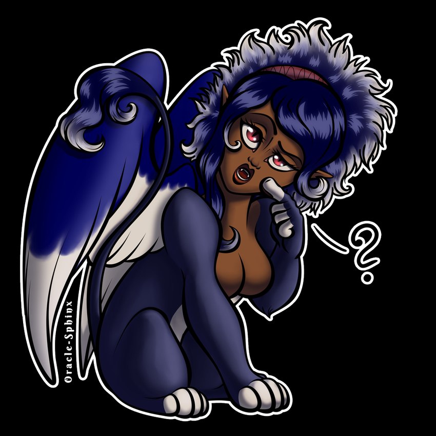 accessory breasts confusion fangs feathers featureless_breasts female feral hair_accessory hairband humanoid_face humanoid_pointy_ears paws solo tail tail_tuft teeth tuft wings oracle_sphinx mythology animal_humanoid felid humanoid mammal mythological_creature mythological_sphinx 1:1