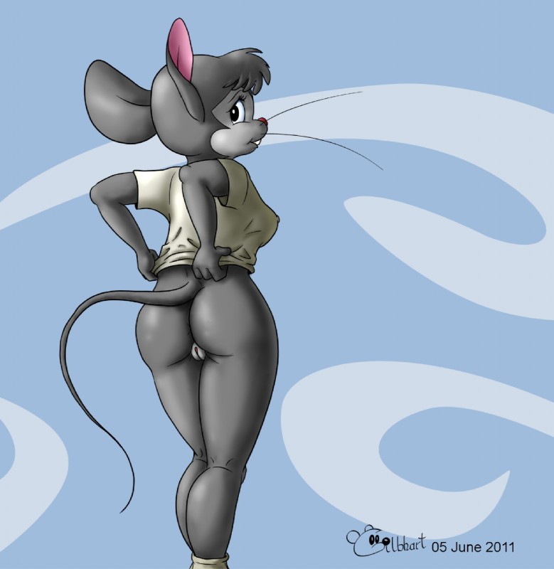 anthro bottomless butt clothed clothing clothing_lift female genitals looking_back presenting presenting_hindquarters pussy rear_view shirt shirt_lift simple_background solo tail topwear gilbhart stay_tuned helen_knable mammal mouse murid murine rodent 2011 hi_res