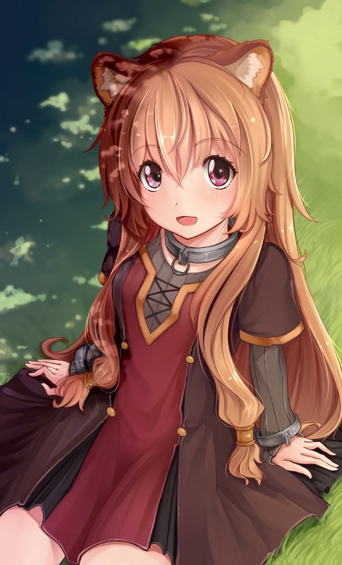 5_fingers :d adolescent blush breasts brown_body brown_fur brown_hair clothed clothing collar day dress female fingers fur hair long_hair looking_at_viewer open_mouth outside pink_eyes simple_background sitting small_breasts smile solo young rhineheim the_rising_of_the_shield_hero raphtalia animal_humanoid canid canid_humanoid canine canine_humanoid humanoid mammal mammal_humanoid tanuki_humanoid 2019 digital_media_(artwork) hi_res