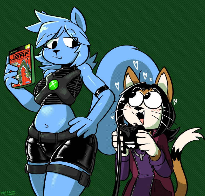 anthro anthro_on_anthro armband big_eyes black_armband black_body black_bottomwear black_clothing black_crop_top black_fur black_hair black_shirt black_shorts black_topwear blue_body blue_fur blue_hair bottomwear brown_body brown_fur clothing controller crop_top cute_fangs duo eye_contact eyebrows fangs female fluffy fluffy_tail fur game_controller gloves_(marking) green_background hair hand_on_hip heart_symbol holding_controller holding_object latex latex_bottomwear latex_clothing latex_shorts looking_at_another looking_down looking_up male male/female markings midriff purple_hair raised_eyebrow shirt shorts simple_background smile smirk tail teeth topwear whiskers white_body white_fur white_inner_ear xbox_controller felino jet_set_radio microsoft sega xbox xbox_game_studios lettuce_(latexia) peter_(felino) domestic_cat felid feline felis mammal rodent sciurid tree_squirrel 2024 hi_res