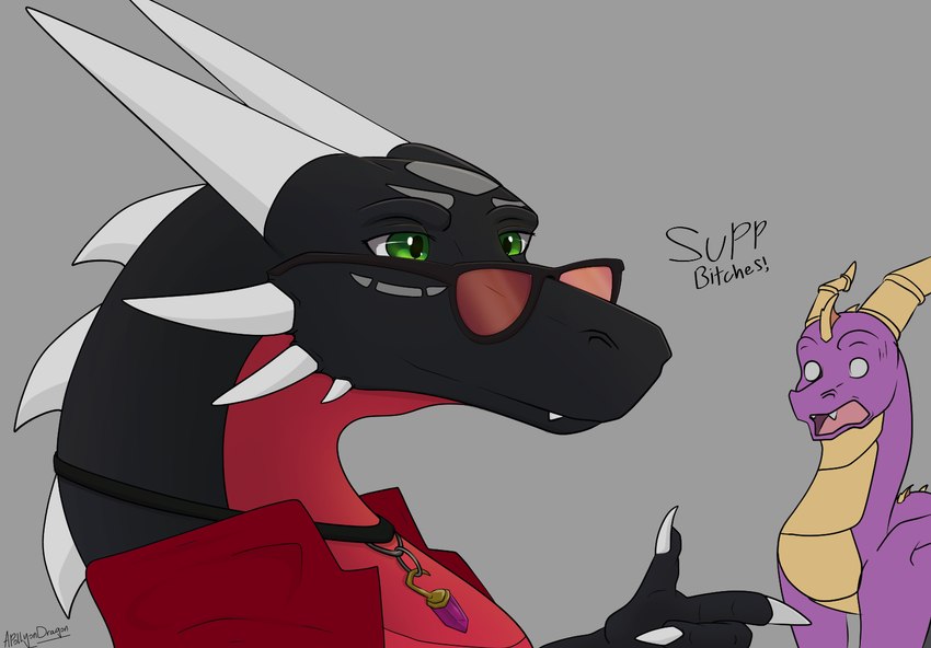 black_body clothing coat dialogue duo eyewear female feral gesture glasses green_eyes hand_gesture horn interview jewelry male necklace profanity purple_body purple_eyes shocked text topwear wings apollyondragon activision mythology spyro_the_dragon cynder spyro dragon mythological_creature mythological_scalie scalie 2023 digital_drawing_(artwork) digital_media_(artwork) signature
