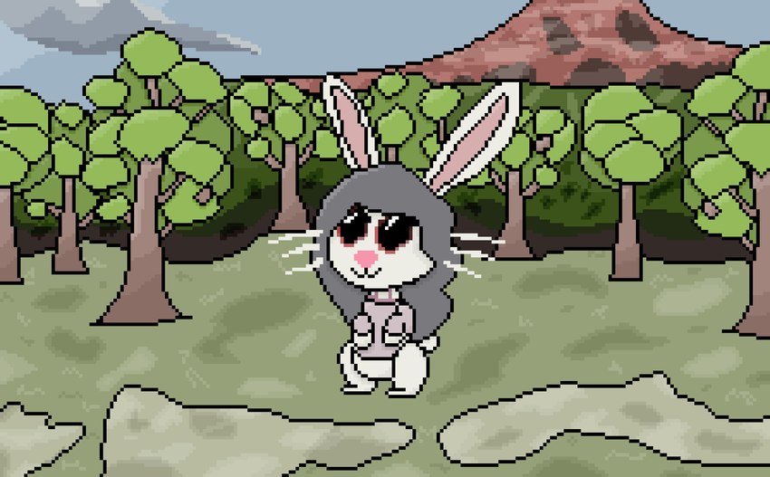 clothing detailed_background female fur grey_hair hair long_ears owo pink_clothing plant smile solo tail tree white_body white_fur kilgorio lagomorph leporid mammal rabbit emiko_(disambiguation) digital_drawing_(artwork) digital_media_(artwork) hi_res pixel_(artwork)