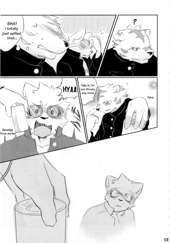 anthro blush dialogue duo eyewear goggles male text kenn third-party_edit canid canine canis domestic_dog felid mammal pantherine tiger comic english_text greyscale hard_translated hi_res monochrome translated translation_edit