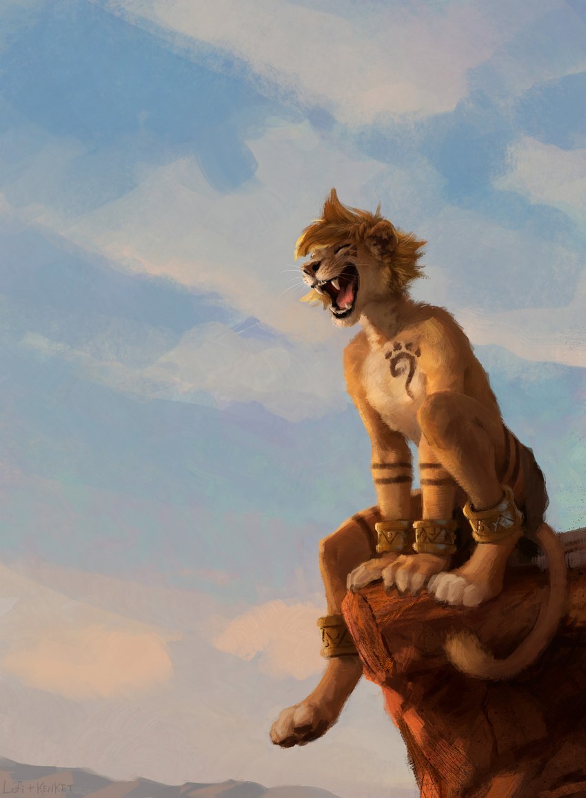 anthro bangle biped bottomwear brown_body brown_fur brown_nose brown_stripes claws cliff clothing cloud day detailed_background eyes_closed fur jewelry loincloth male open_mouth outside pawpads paws roaring sitting sky slim slim_anthro slim_male smile solo stripes teeth tongue tribal whiskers white_body white_fur young hax_(artist) kenket lofi franko_(negy) felid lion mammal pantherine 2016 cover digital_media_(artwork) digital_painting_(artwork) hi_res shaded