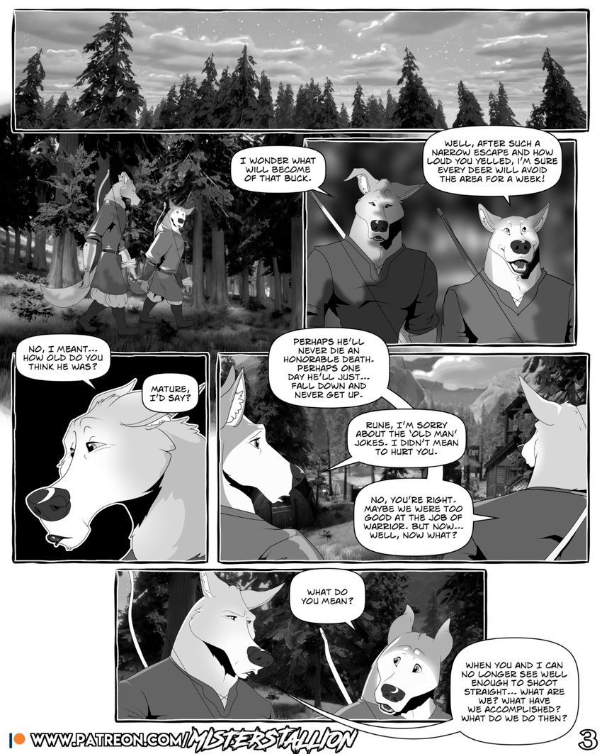 anthro bow_(weapon) clothed clothing dialogue duo forest male medieval outside page_number plant ranged_weapon romantic text tree weapon misterstallion arne_(misterstallion) rune_(misterstallion) canid canine canis mammal wolf 4:5 comic english_text hi_res url