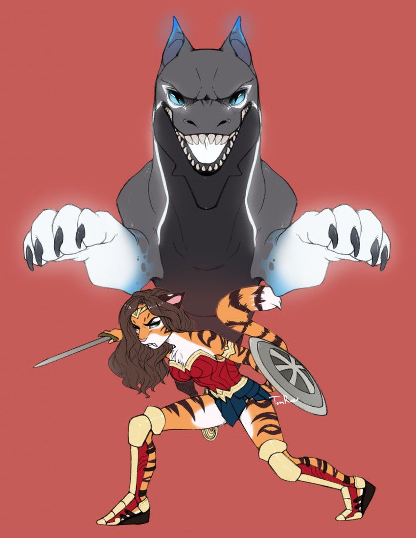 action_pose ambiguous_gender angry anthro breasts brown_hair claws clothed clothing countershading duo fangs female feral fighting_pose fur green_eyes hair looking_at_viewer melee_weapon orange_body orange_fur pose sabertooth_(anatomy) shield simple_background striped_body striped_fur stripes sword tail teeth weapon tom_ree dc_comics mythology alex_marx wonder_woman dragon felid mammal mythological_creature mythological_scalie pantherine scalie tiger digital_media_(artwork) hi_res