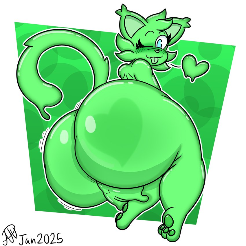 anthro balls big_butt blush blush_lines butt butt_focus genitals green_body green_tail heart_symbol looking_at_viewer looking_back looking_back_at_viewer male one_eye_closed pawpads raised_tail solo tail thick_thighs tongue tongue_out wink winking_at_viewer randompersonguy domestic_cat felid feline felis goo_creature mammal 2025 absurd_res digital_drawing_(artwork) digital_media_(artwork) hi_res