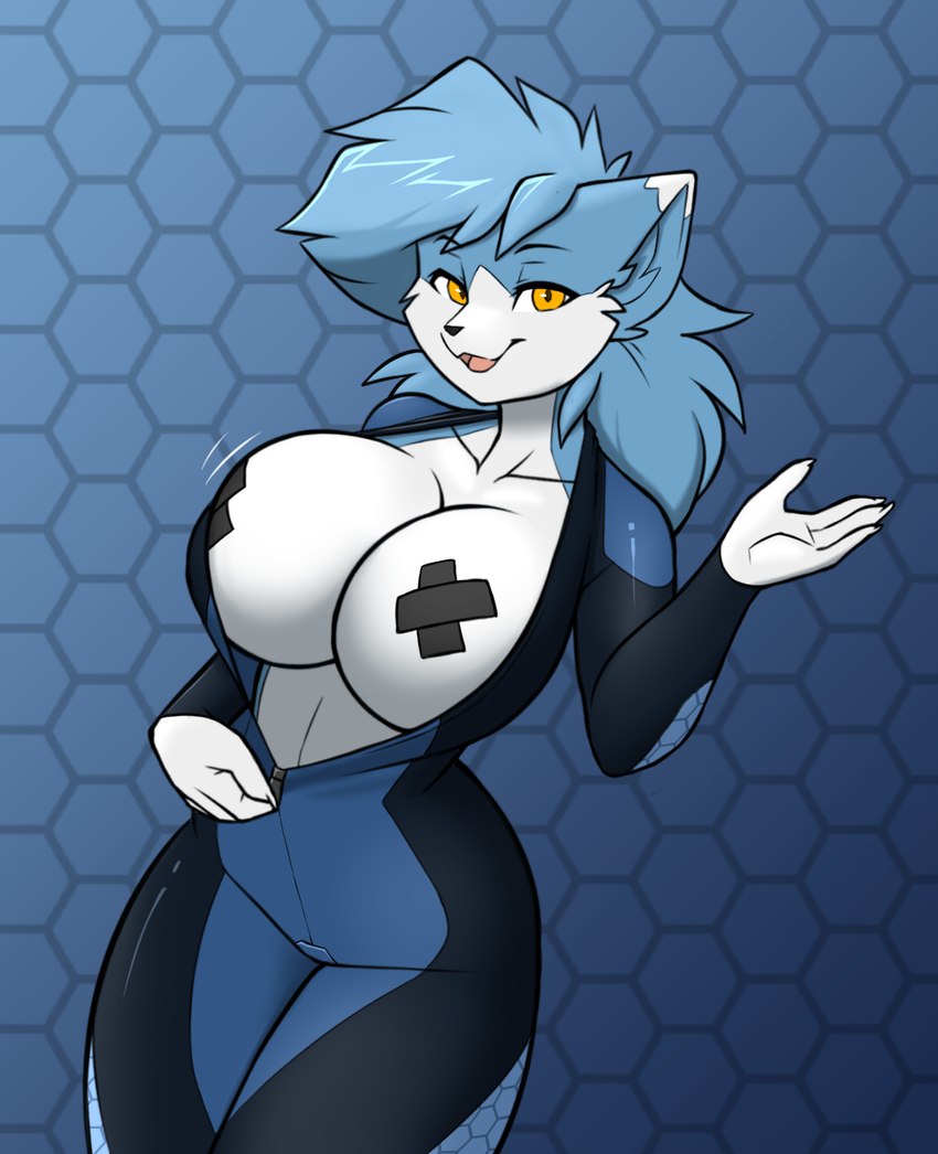 4_fingers anthro big_breasts black_nose blue_background blue_body blue_fur blue_hair breasts cheek_tuft claws clothing collarbone countershading curvy_anthro curvy_female curvy_figure dipstick_ears ear_markings exposed_breasts eyebrow_through_hair eyebrows facial_tuft female finger_claws fingers fluffy fluffy_hair fur glistening glistening_eyes hair hexagonal_grid hourglass_figure hourglass_figured_anthro hourglass_figured_female inner_ear_fluff motion_lines multicolored_ears nipple_tape open_mouth open_smile pasties simple_background skinsuit smile solo tape tight_clothing tongue translucent translucent_hair tuft unzipped white_body white_countershading white_fur wide_hipped_anthro wide_hipped_female wide_hips yellow_eyes zipper hexteknik rosie_(ionic44) domestic_cat felid feline felis mammal 2024 hi_res portrait shaded three-quarter_portrait