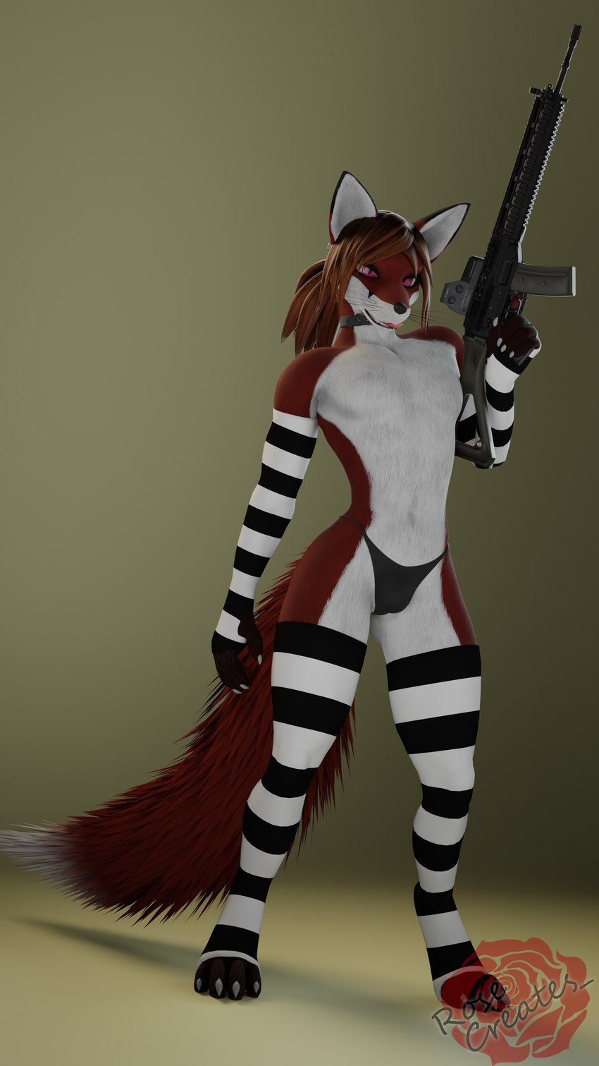 anthro armor assault_rifle bottomwear bulletproof_vest clothed clothing femboy footwear gun hair headgear helmet holding_object holding_weapon legwear licking licking_lips looking_at_viewer male open_mouth pants plate_carrier ranged_weapon rifle simple_background socks solo tail tongue tongue_out topwear weapon rosecreates kaiser_(rosecreates) canid canine canis fox mammal 3d_(artwork) 4k 9:16 absurd_res blender_(artwork) digital_media_(artwork) hi_res