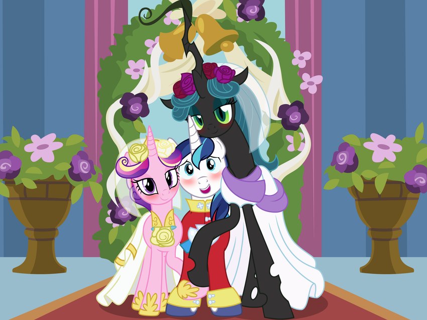 accessory blue_eyes blue_hair blush clothing dress female feral ffm flower flower_in_hair gradient_hair green_eyes green_hair group hair hair_accessory horn male male/female plant polyamory polygamy purple_eyes quadruped throuple trio uniform wedding wedding_dress badumsquish friendship_is_magic hasbro my_little_pony mythology princess_cadance_(mlp) queen_chrysalis_(mlp) shining_armor_(mlp) arthropod changeling equid equine mammal mythological_creature mythological_equine unicorn 4:3 hi_res