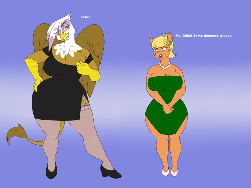 age_difference anthro anthrofied big_breasts blonde_hair breasts cleavage clothed clothing clothing_pull cross-popping_vein dress dress_pull duo female hair larger_female mature_female size_difference smaller_female teasing thick_thighs wide_hips lurking_tyger friendship_is_magic hasbro my_little_pony mythology gilda_(mlp) ms._harshwhinny_(mlp) avian equid equine gryphon mammal mythological_avian mythological_creature 4:3 hi_res