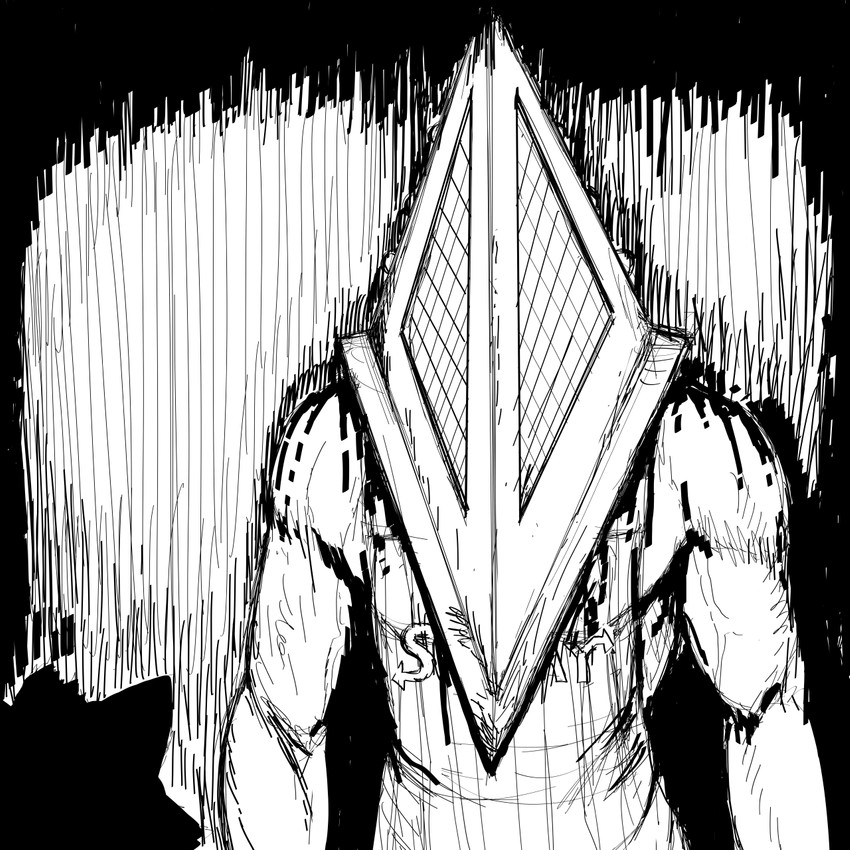 apron blood bodily_fluids clothing for_a_head male muscular muscular_humanoid muscular_male solo text text_on_apron text_on_clothing hladilnik konami silent_hill subway_(restaurant) pyramid_head humanoid mammal monster monstrous_humanoid object_head 1:1 comic hi_res monochrome