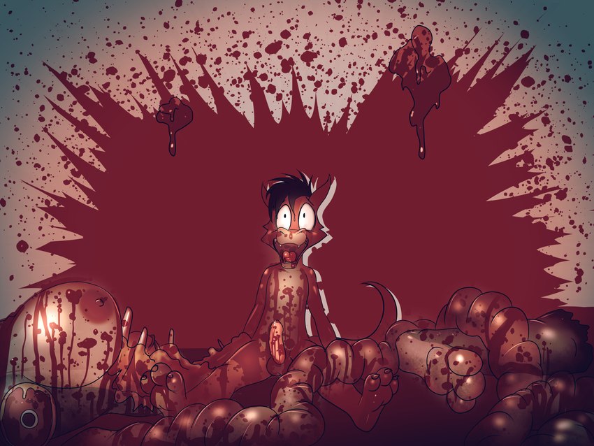 anthro blood blood_on_body blood_on_ground blood_on_penis blood_pool blood_splatter bodily_fluids death erection excessive_blood female female_death genitals gore gore_focus grotesque_death male open_mouth penis shocked frostbite80_(artist) quirk_(frostbite80) cetacean kobold mammal marine scalie whale 4:3 absurd_res hi_res lol_comments