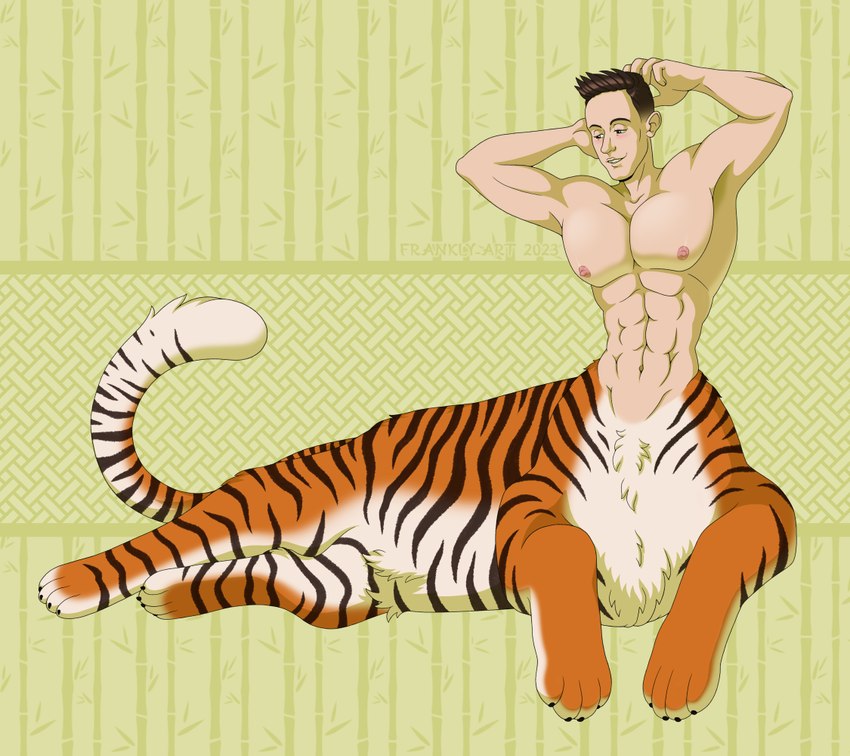 abs big_pecs brown_hair claws fur hair huge_pecs large_pecs male muscular muscular_male navel nipples nude paws pecs small_waist smile solo stretching striped_body striped_fur stripes tail waist frankly-art felid felid_taur feline humanoid_taur mammal mammal_taur pantherine pantherine_taur taur tiger tiger_taur