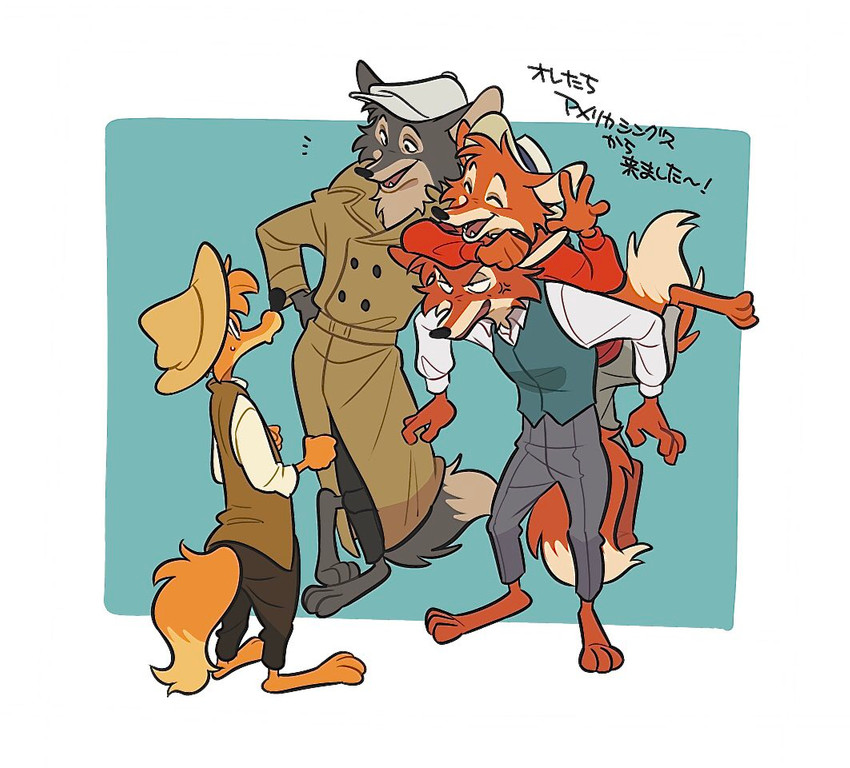 3_toes anthro barefoot black_nose clothed clothing feet fur group hat headgear headwear male simple_background text toes uochandayo america_sings disney disney_parks song_of_the_south splash_mountain br'er_fox canid canine fox mammal japanese_text