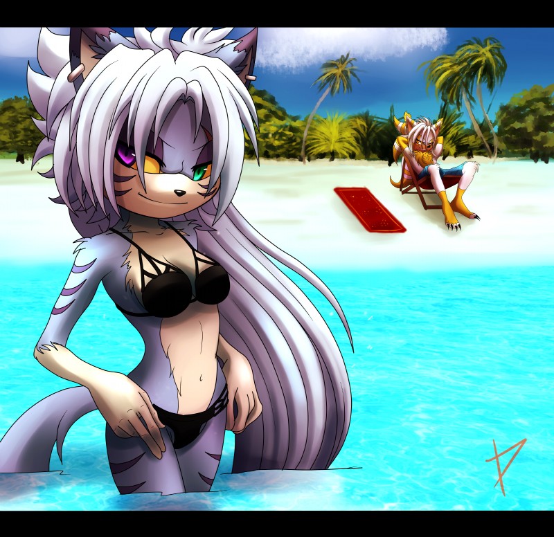 anthro beach bikini black_bars black_nose clothing detailed_background duo female fur grin hair heterochromia long_hair looking_at_viewer male outside purple_body purple_fur relaxing sand seaside sky smile spandex swimming_trunks swimwear teeth tight_clothing two-piece_swimsuit water white_body white_fur white_hair yellow_sclera panrill acidhybridx mammal absurd_res hi_res letterbox