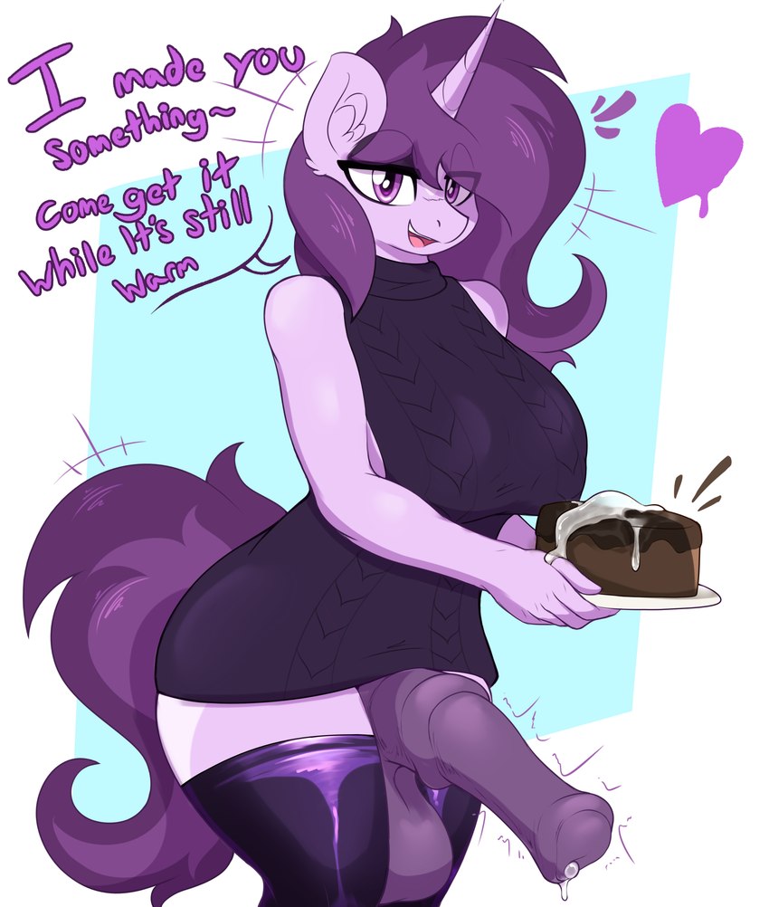 animal_genitalia animal_penis anthro big_breasts bodily_fluids breasts cake cum cum_as_food cum_on_food dessert dialogue equine_genitalia equine_penis food genital_fluids genitals gynomorph hair heart_symbol horn intersex looking_at_viewer medial_ring open_mouth penis purple_body purple_hair solo text czu hasbro my_little_pony mythology czupone equid equine mammal mythological_creature mythological_equine unicorn 2022 absurd_res english_text hi_res