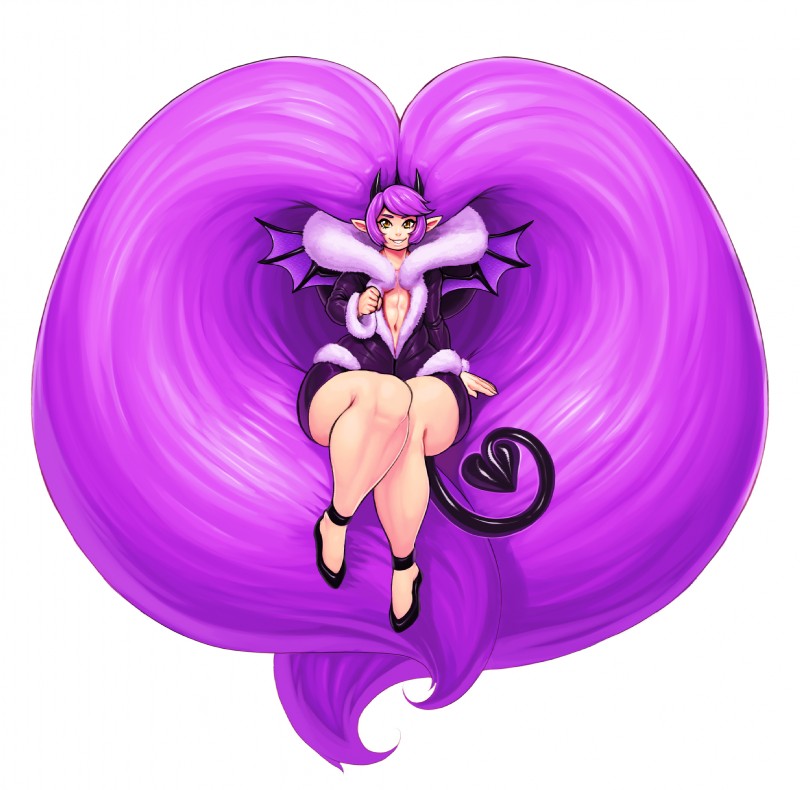 abs amber_eyes bat_wings clothed clothing coat female flat_chested footwear fur_coat hair humanoid_pointy_ears hyper_hair long_hair looking_at_viewer membrane_(anatomy) membranous_wings midriff navel not_furry pointy_ears purple_clothing purple_coat purple_hair purple_topwear shoes simple_background sitting smile solo spade_tail tail tan_body tan_skin teeth thick_thighs topwear white_background wide_hips wings modeseven demon humanoid hi_res