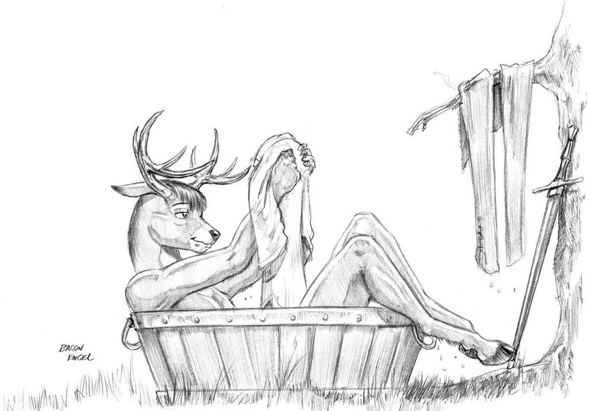 anthro basin bathing clothing grass laundry male melee_weapon nude plant shirt simple_background solo sword topwear tree tunic unguligrade_anthro weapon white_background baron_engel dungeons_and_dragons hasbro wizards_of_the_coast cedric_blackprongs deer mammal graphite_(artwork) monochrome pencil_(artwork) traditional_media_(artwork)