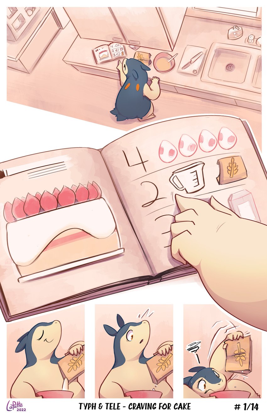 baking book bowl cake container cookbook cooking dessert flour food fur kitchen male overweight overweight_male tan_body tan_fur lapatte nintendo pokemon generation_2_pokemon mammal pokemon_(species) typhlosion 2022 absurd_res comic hi_res