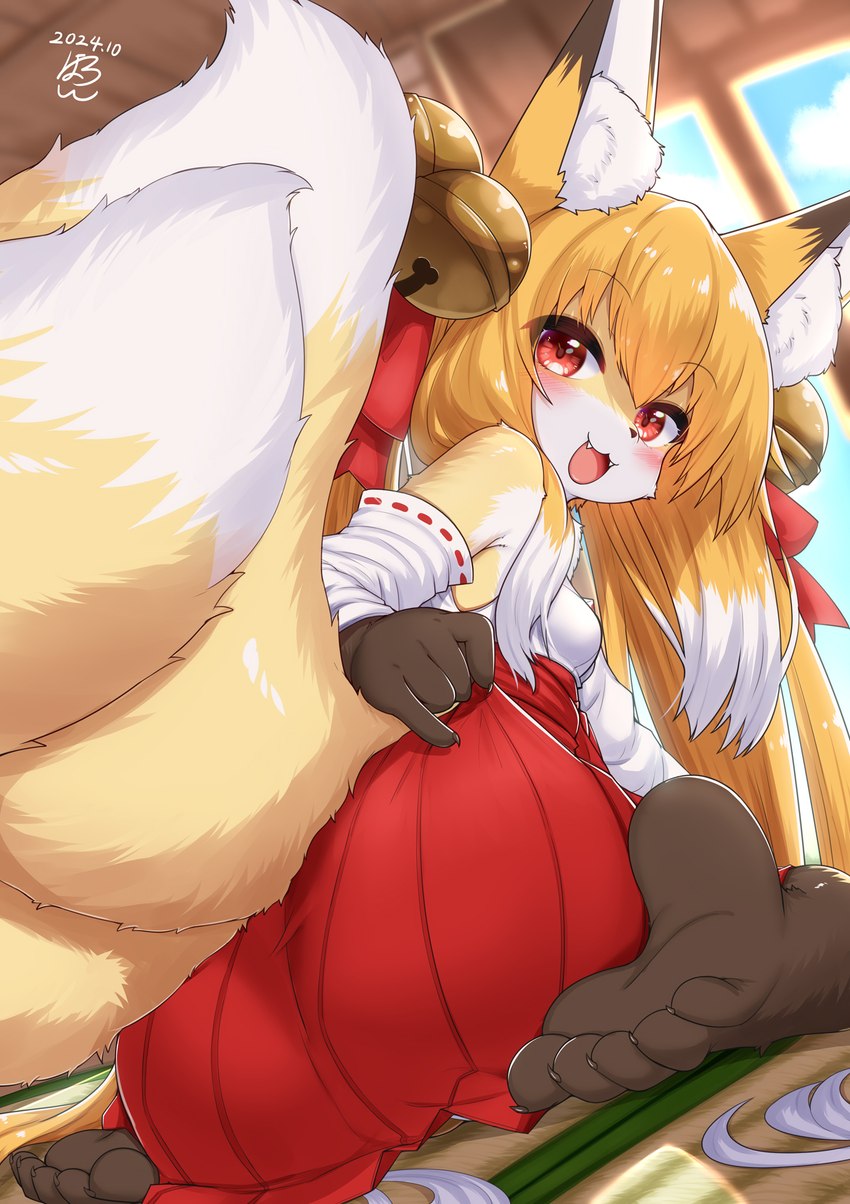 2_tails 5_toes anthro asian_clothing barefoot blonde_hair blush bottomwear breasts brown_body brown_fur butt butt_focus claws clothed clothing cute_fangs dipstick_ears dipstick_tail ear_markings east_asian_clothing fangs feet female female_anthro foot_focus fur hair hakama humanoid_feet japanese_clothing kemono looking_at_viewer looking_back looking_back_at_viewer low-angle_view markings miko_outfit multi_tail multicolored_body multicolored_ears multicolored_fur multicolored_hair open_mouth plantigrade red_eyes shrine_maiden small_breasts soles solo tail tail_markings teeth toe_claws toes tongue white_body white_fur white_hair yellow_body yellow_fur horokusa0519 nio_(horokusa) canid canine fox mammal 2024 digital_media_(artwork) hi_res