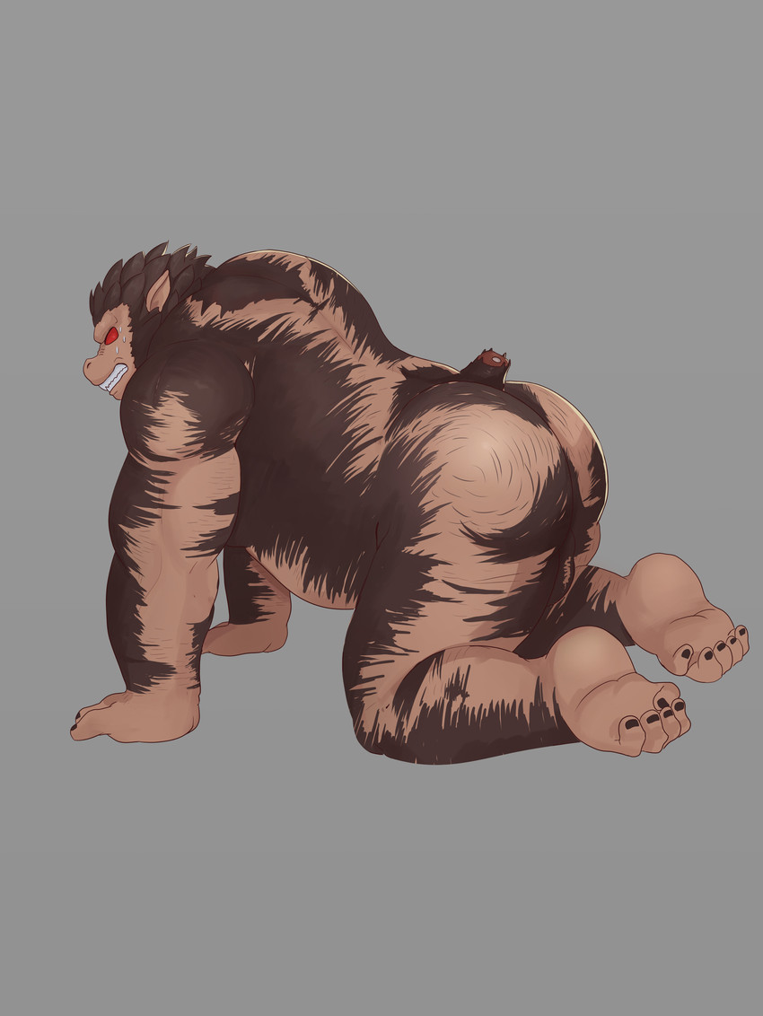 anthro brown_body brown_fur brown_hair butt fur hair male missing_tail red_eyes shrinking size_transformation solo species_transformation tail_removed transformation barmaku dragon_ball dragon_ball_z mammal oozaru primate saiyan absurd_res hi_res