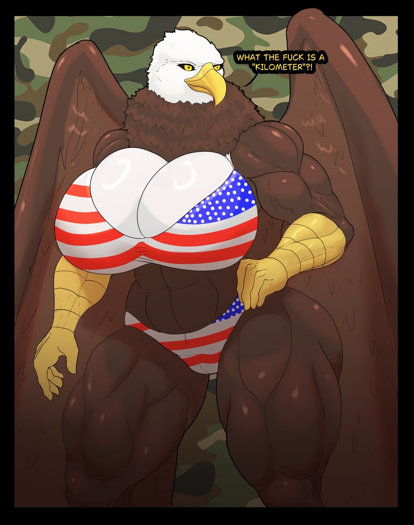 abs american_flag_bikini anthro beak big_breasts bikini biped breasts brown_body camel_toe clothed clothing dialogue feathered_wings feathers female flag_bikini hand_on_hip holidays huge_breasts muscular muscular_female neck_tuft profanity scuted_arms scutes solo swimwear text thick_thighs tuft two-piece_swimsuit wide_hips wings drydude 4th_of_july what_the_fuck_is_a_kilometer accipitrid accipitriform avian bird eagle absurd_res english_text hi_res